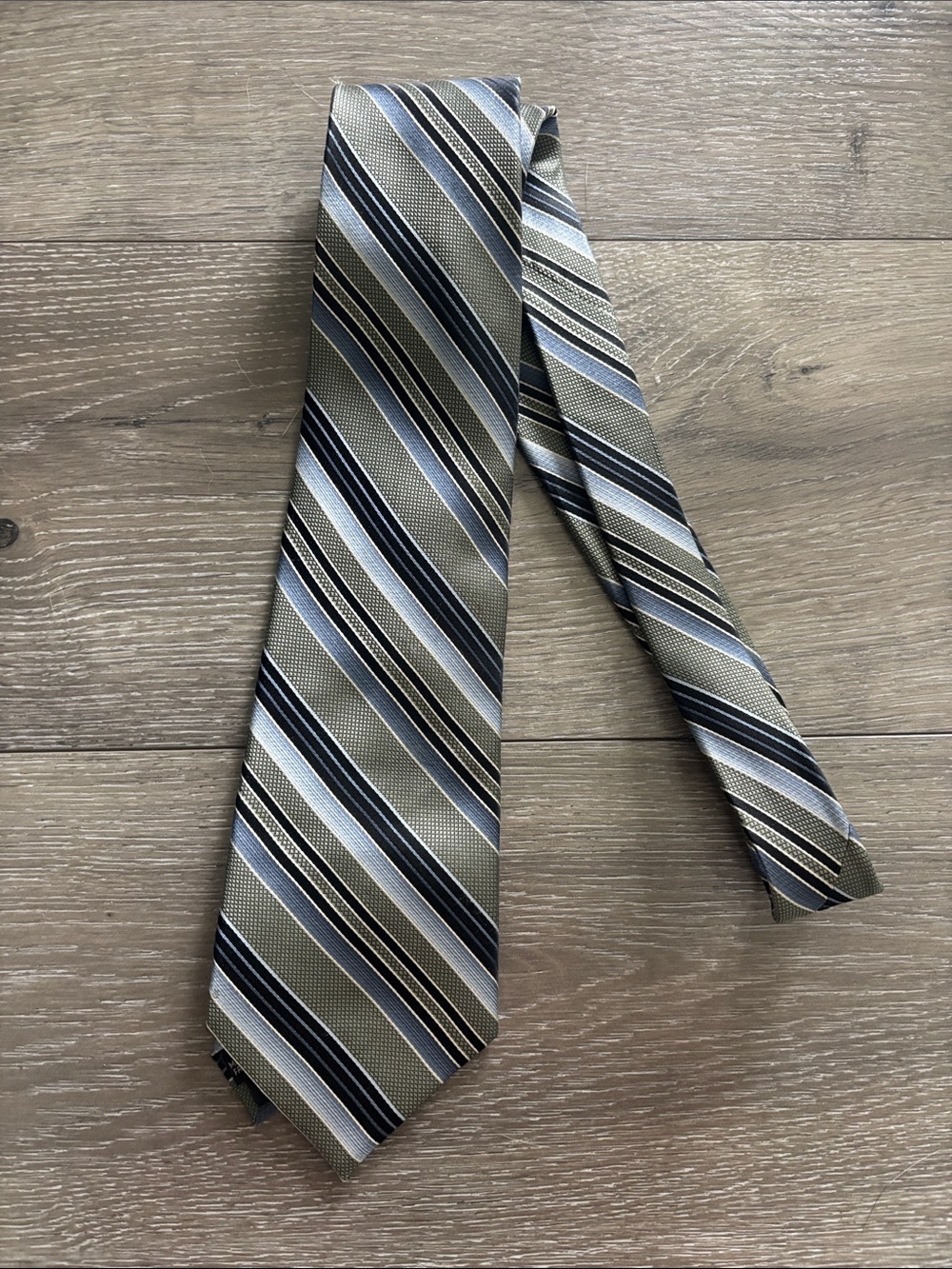 Classic Striped Men's Tie in Olive, Navy & Silver, 100% silk